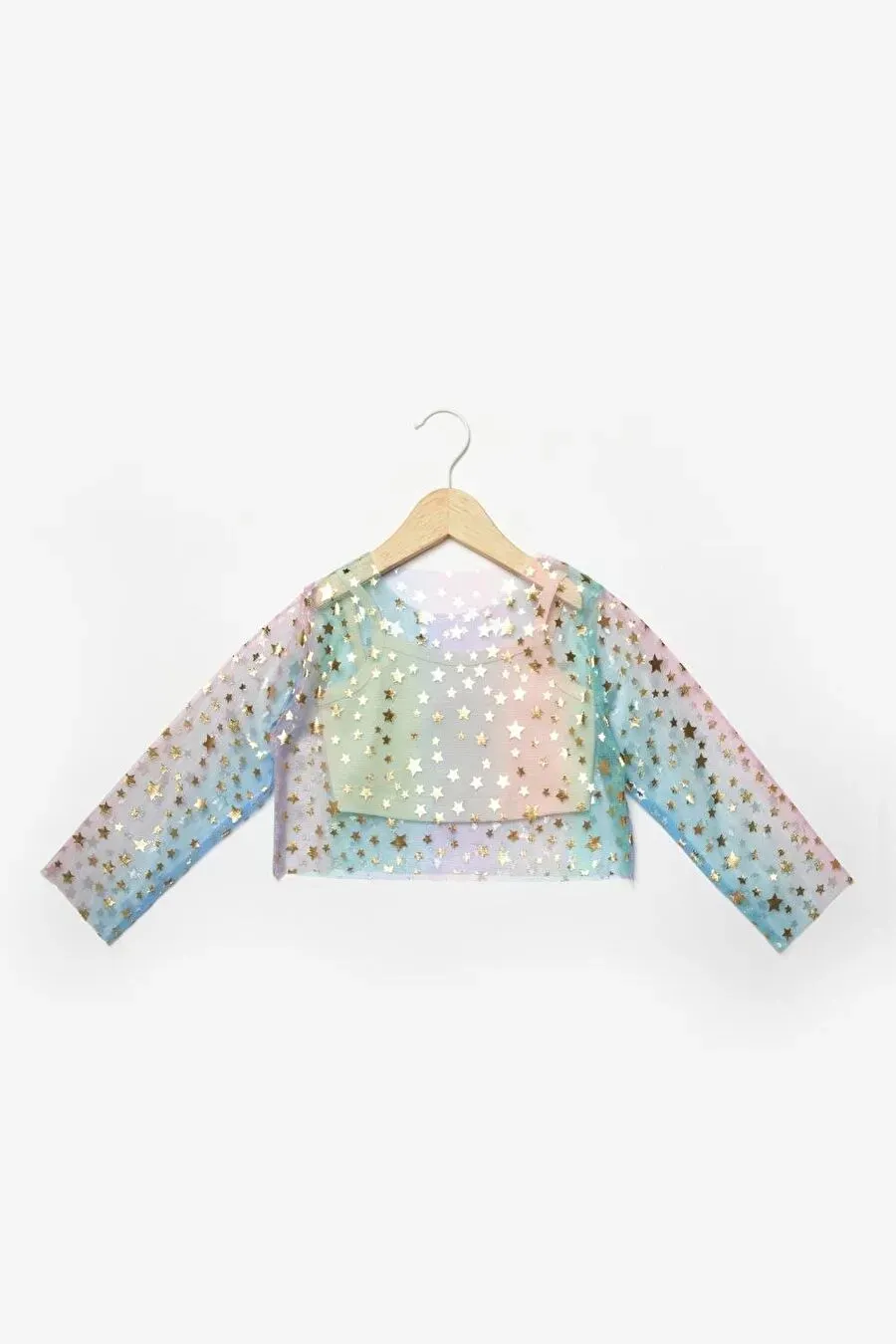 Renkli Yıldızlı Uzun Kollu Tül Crop