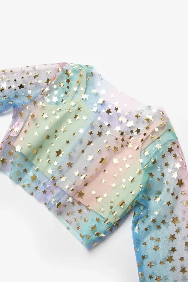 Renkli Yıldızlı Uzun Kollu Tül Crop