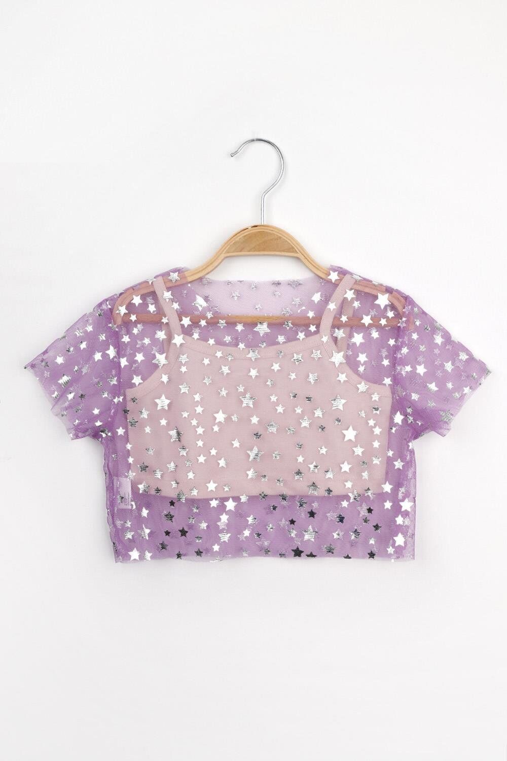 Lila Yıldız Baskılı Tül Crop