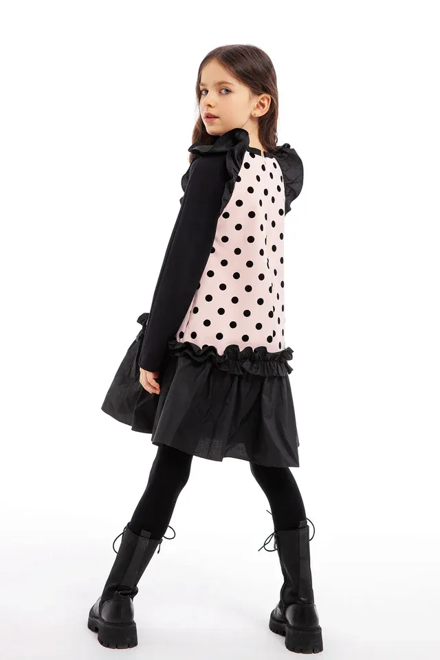 Pembe Siyah Puantiyeli Elbise