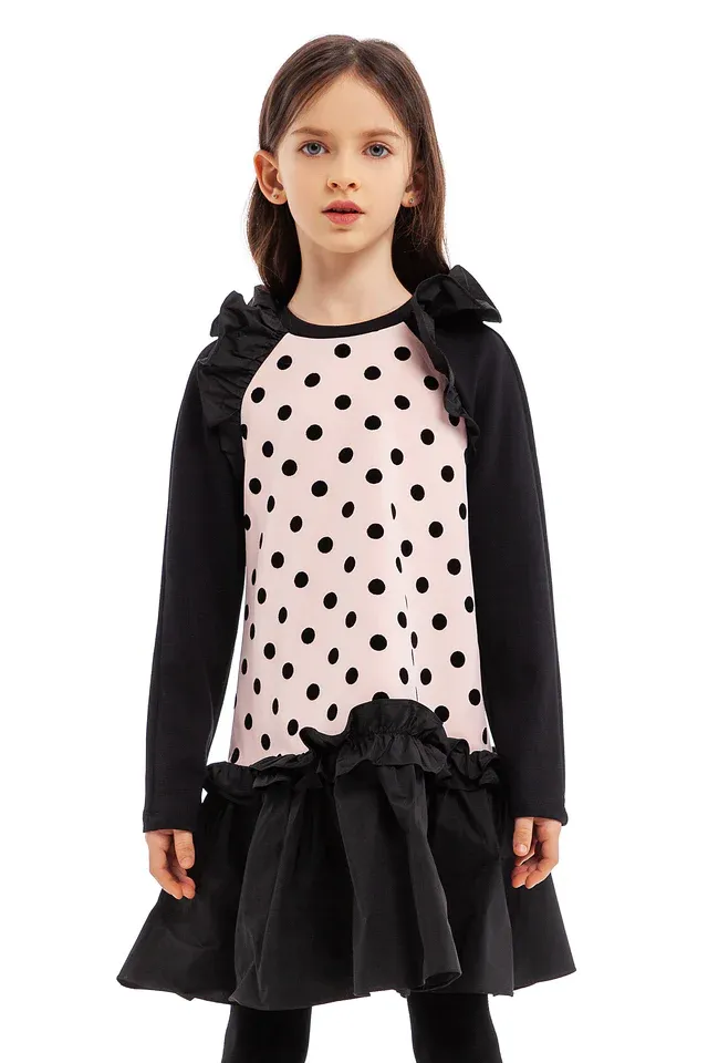 Pembe Siyah Puantiyeli Elbise