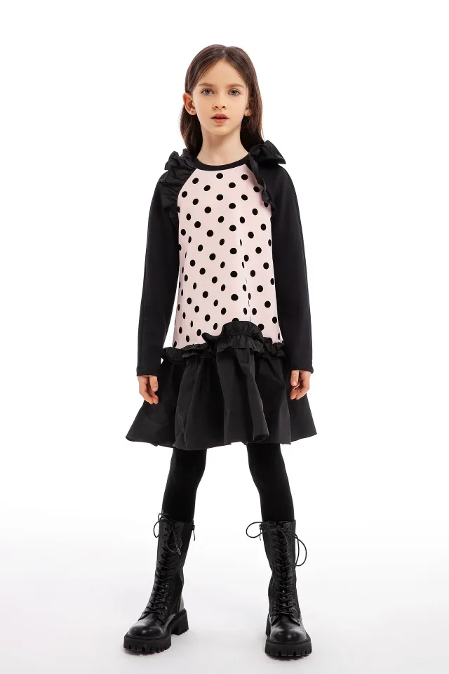 Pembe Siyah Puantiyeli Elbise